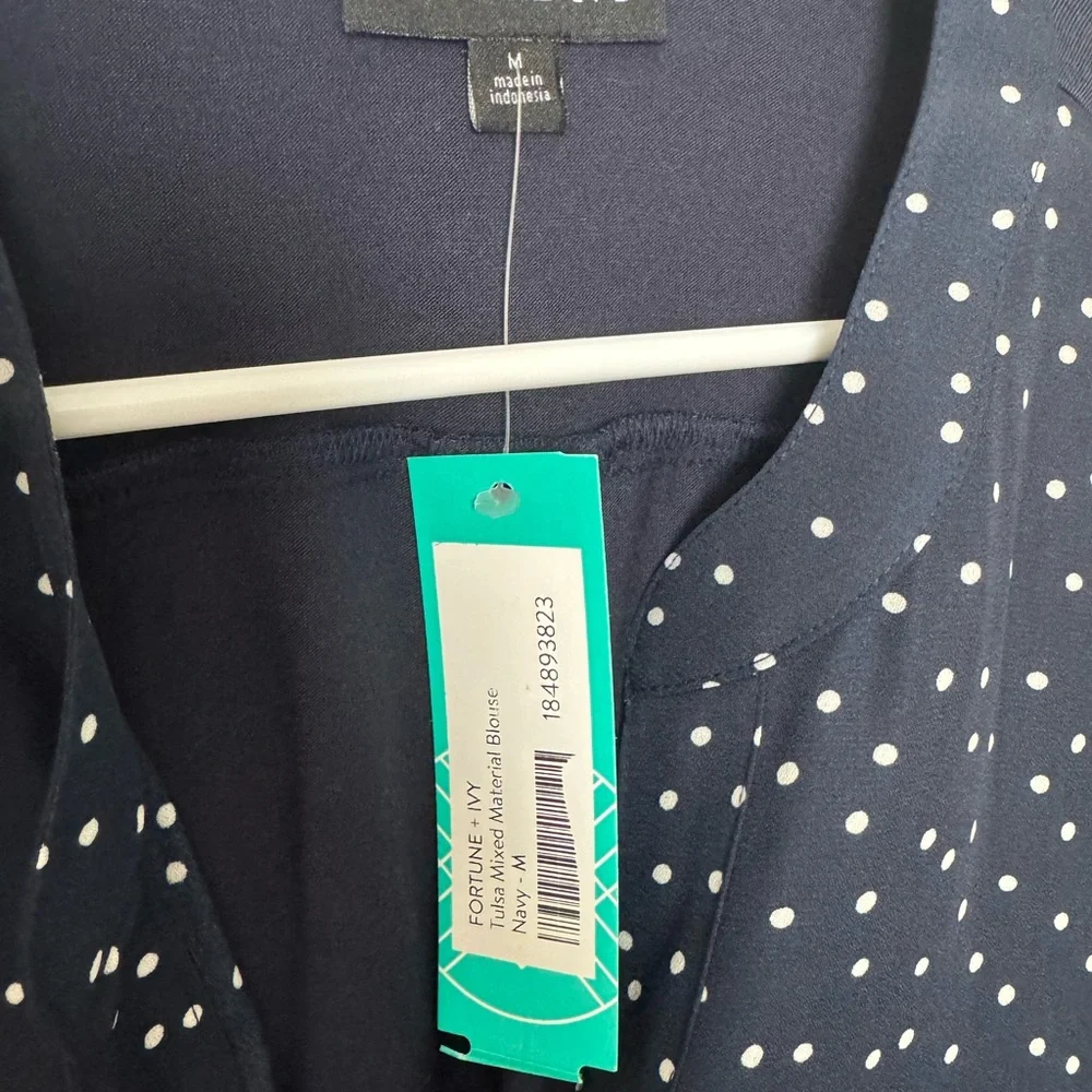 Navy/Polka Dot Fortune + Ivy 3/4 sleeve Blouse Size M - Picture 5 of 5